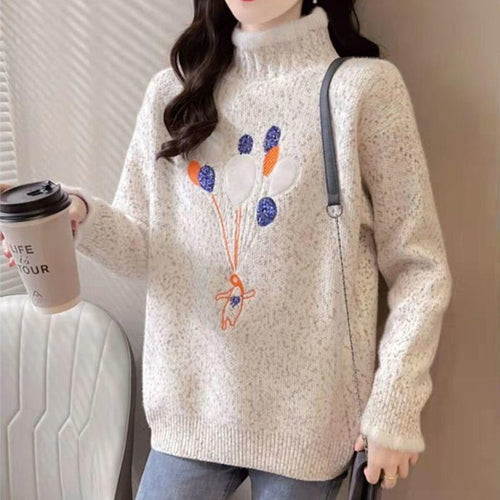 Load image into Gallery viewer, Women Half Turtleneck Sweater Autumn Loose Pullover Knitted Jumper Long Sleeve Cute Embroidery Casual Korean Ladies Tops
