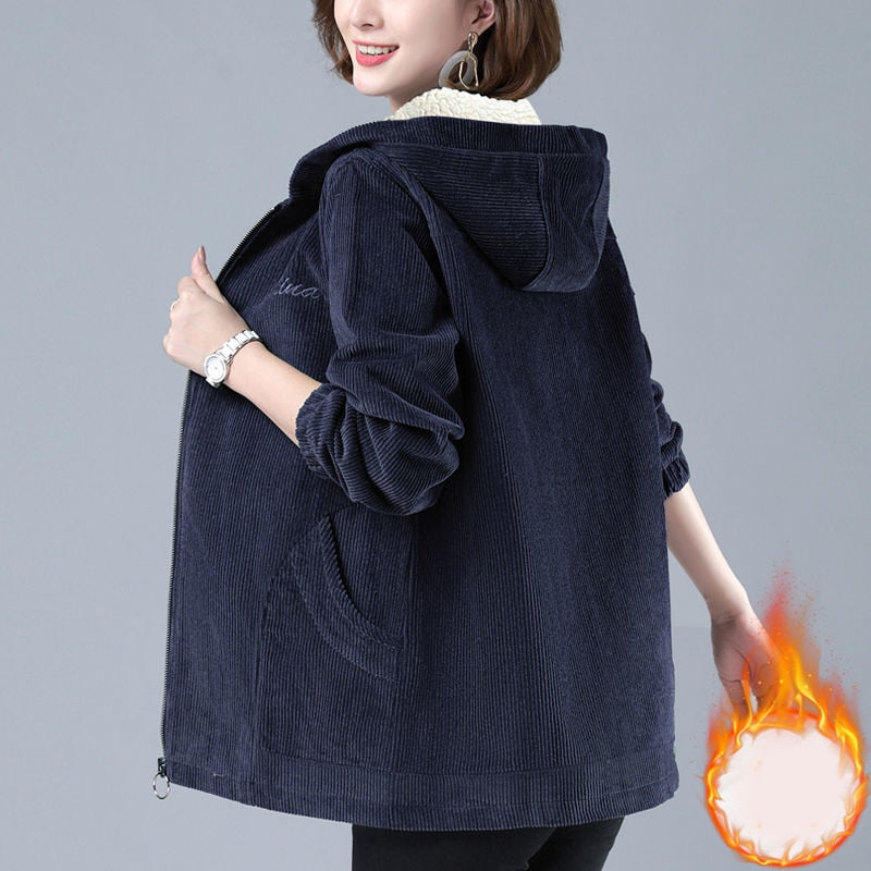 Warm Women Corduroy Coat Winter Thick Vintage Large Size Pocket Zipper Female Jacket Hooded Loose Long Sleeve Lady Clothes