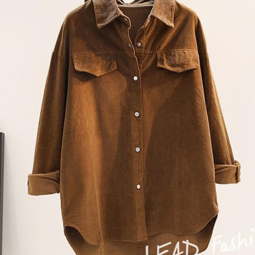 Load image into Gallery viewer, Vintage Corduroy Women Shirts Loose Fall Single Breasted Long Sleeve Shirts Solid Color Oversize Casual Pockets Tops
