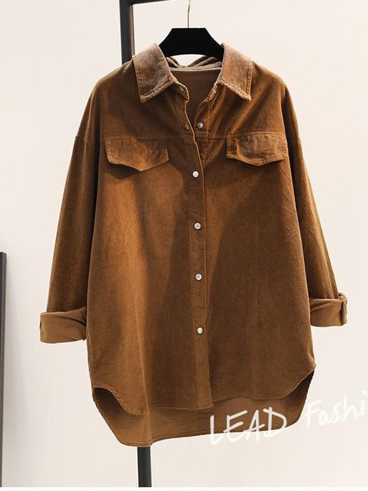 Vintage Corduroy Women Shirts Loose Fall Single Breasted Long Sleeve Shirts Solid Color Oversize Casual Pockets Tops