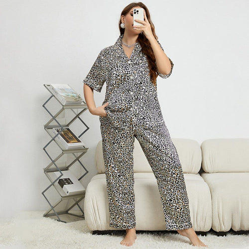 Load image into Gallery viewer, Summer Simulation Silk Black Leopard Printed Large Size Nightdress Women&#39;s Fashion Casual Pajamas Set Sexy Home Clothing
