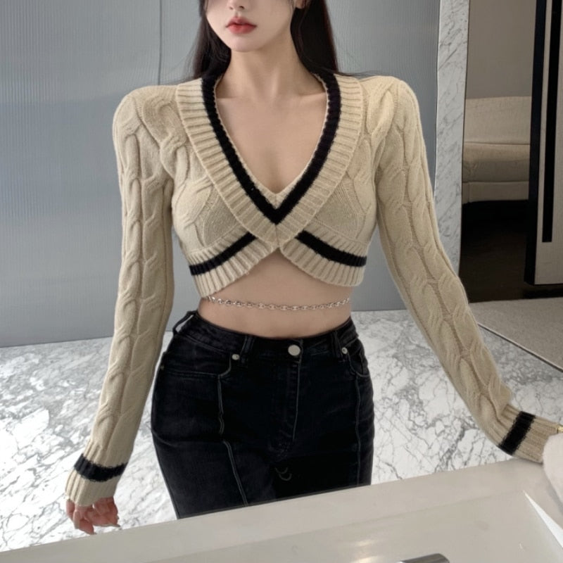 Sexy Women Sweater Pullover V Neck Fashion Knitted Tops Long Sleeve Spring Korean Slim Chic Designed Cropped Sweater