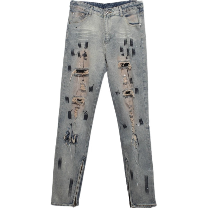 Vintage Ripped Skinny Jeans Pants Men Streetwear Hole Biker Jeans Hip Hop Denim Trousers WB608