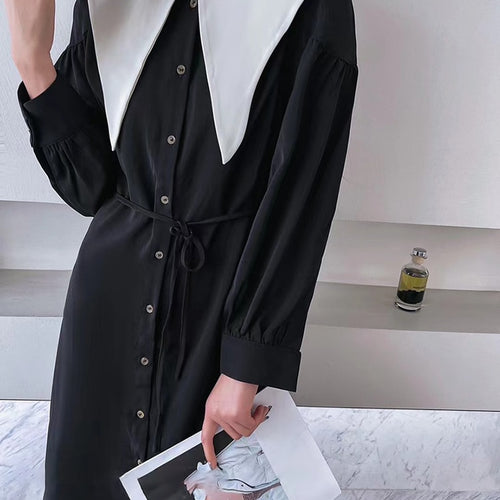 Load image into Gallery viewer, Korean Fashion Dress For Women Lapel Long Sleeve High Waist Single Breasted Colorblock Midi Dresses Female Clothing
