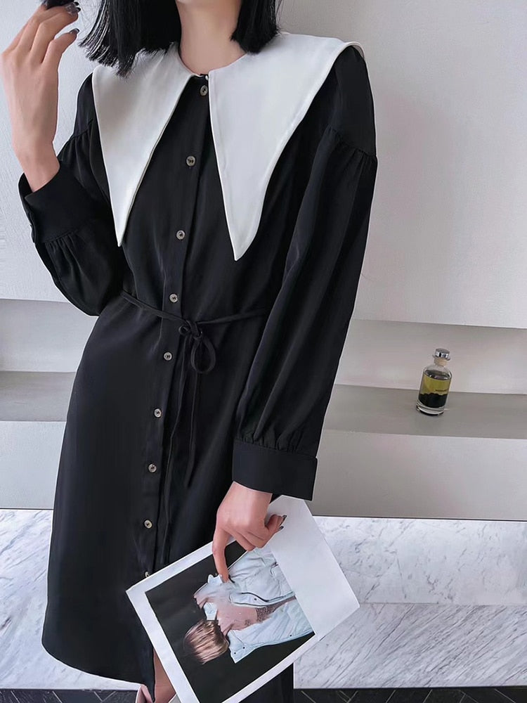 Korean Fashion Dress For Women Lapel Long Sleeve High Waist Single Breasted Colorblock Midi Dresses Female Clothing