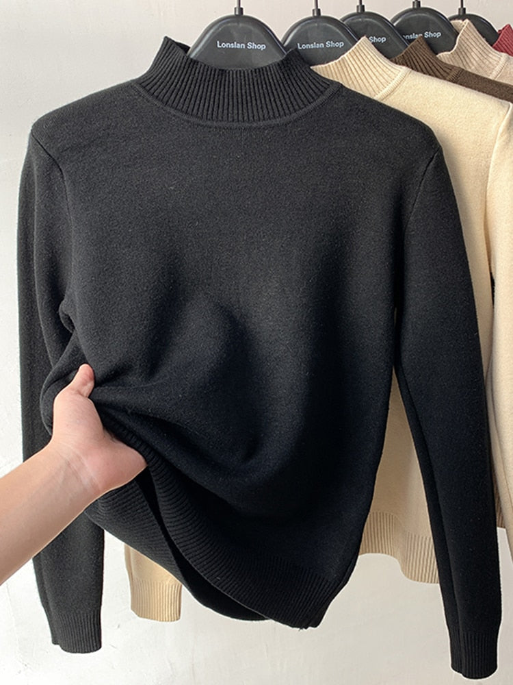 Warm Winter Women Sweater Pullover Thick Plush Knitted Jumper Black Casual Turtleneck Basic Tops Korean Simple Sweater