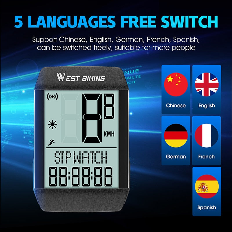 5 Language Waterproof Bicycle Computer Wireless Wired Cycling Odometer Auto Wake & Sleep Bike Speedometer LED Screen Stopwatch