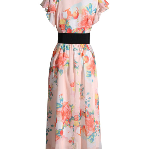 Load image into Gallery viewer, Frill Trim Print Floral Dress For Women Bowknot Collar Flying Sleeve High Waist Colorblock Midi Dresses Female
