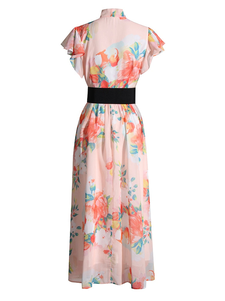 Frill Trim Print Floral Dress For Women Bowknot Collar Flying Sleeve High Waist Colorblock Midi Dresses Female