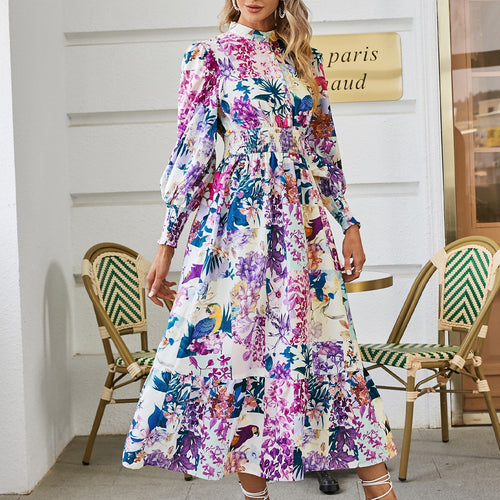 Load image into Gallery viewer, Puff sleeve print women shirt dress Boho elastic waist button patchwork office dresses Holiday floral split maxi vestido
