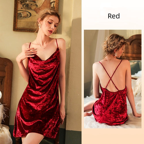 Load image into Gallery viewer, Women&#39;s Pajamas Sling Dress Swing Collar Sexy Nightgown Elegant Velvet Split Skirt Backless Sleepdress Leisure Outwear
