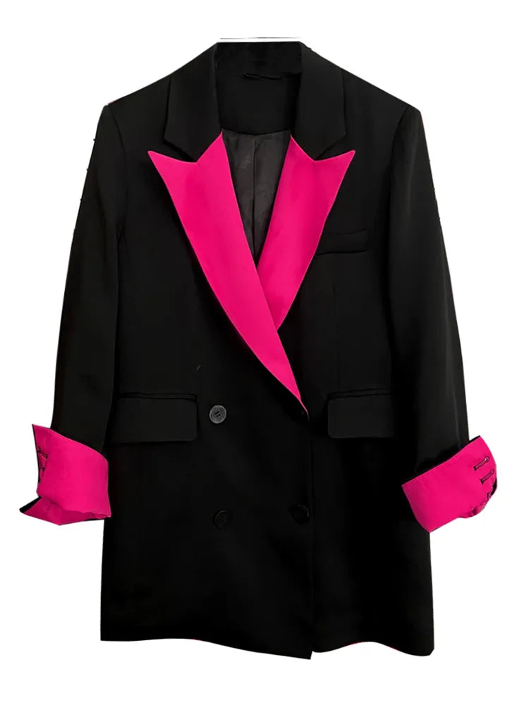 Colorblock Loose Blazers For Women Notched Collar Long Sleeve Spliced Double Breasted Blazer Female Clothes