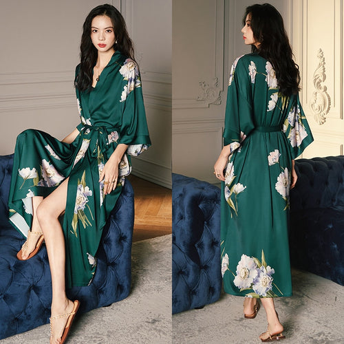 Load image into Gallery viewer, High Quality Women&#39;s Pajamas Long Robe Floral Sleepwear Silk Like Sexy Bathrobe Homewear Luxury Nightwear peignoir femme
