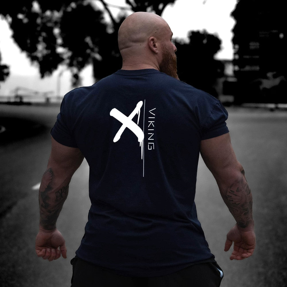 Black Cotton Print T-shirt Men Casual Short Sleeve Tee Shirt Gym Fitness Sports Tops Male Summer Bodybuilding Training Clothing