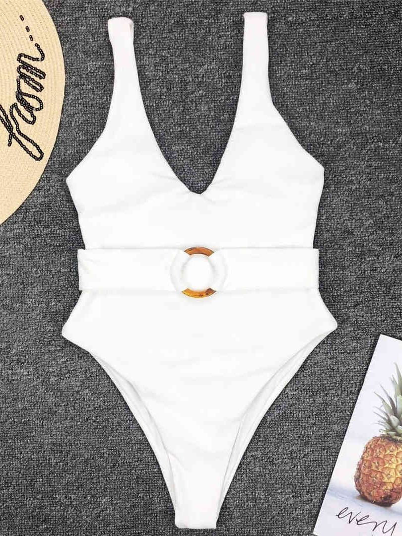 Sexy Deep V Neck  Monokini High Cut Women Swimwear One Piece Swimsuit Female Bather With Waist Band Bathing Suit Swim V1383