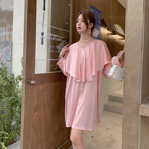 Load image into Gallery viewer, Women&#39;s Pajamas Dress Silk Like Leisure Homewear Skirt Turn-down Ruffle Collar Dress Sleepdress Wear Outside Holiday
