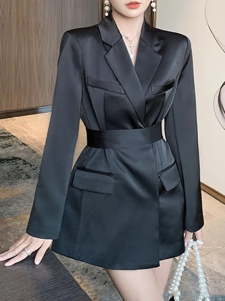 Fashion Sashes Solid Blazer For Women Notched Collar Long Sleeve Single Breasted Blazers Female Clothing