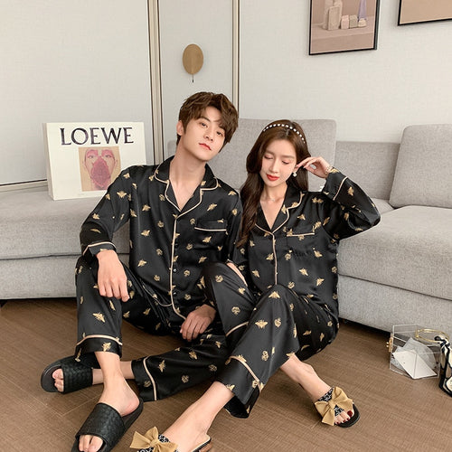 Load image into Gallery viewer, High Quality Women&#39;s Pajamas Set Fashion Bee Print Couple Sleepwear Silk Like Casual Homewear V Neck Men&#39;s Nightwear
