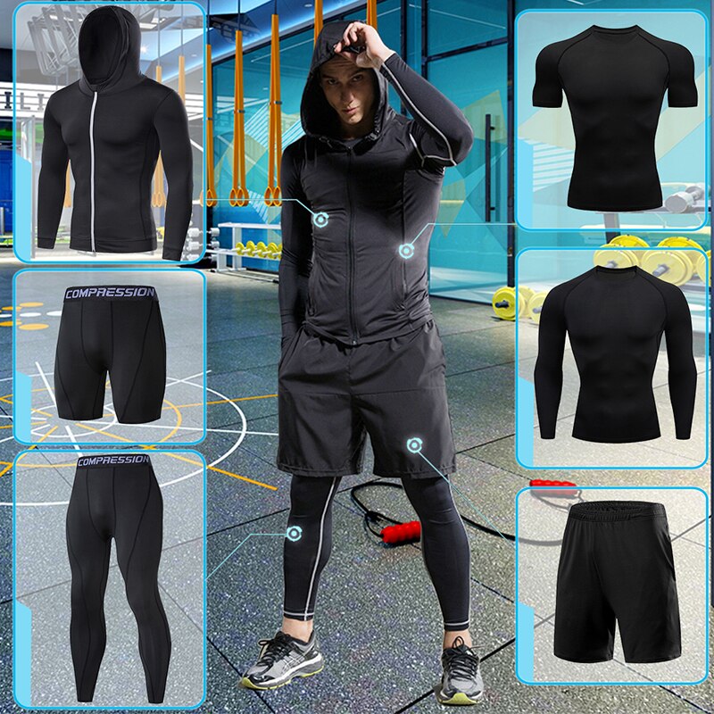 Gym Exercise Fitness Clothing for Men's Compression Sportswear Suits Black Running Tracksuit Set Jogging Training Tights Dry Fit