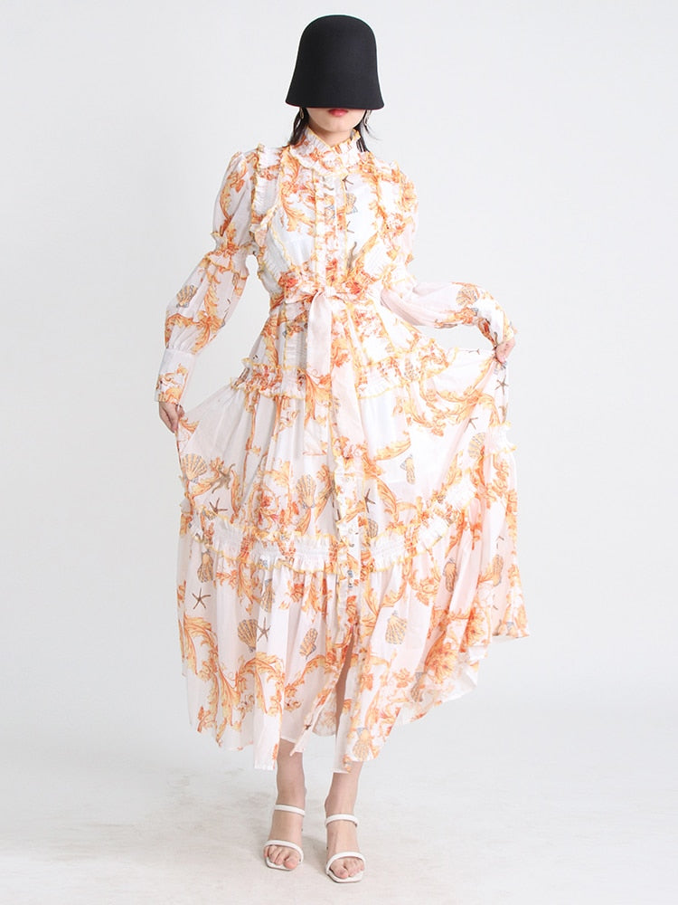 Hit Color Print Folds Dresses For Women Stand Collar Lantern Sleeve High Waist Elegant Dress Female Fashion Clothes