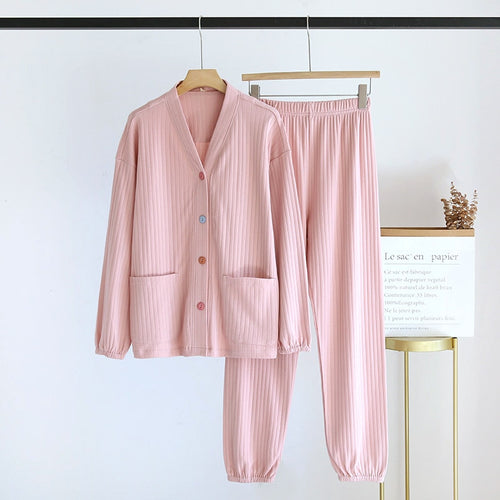 Load image into Gallery viewer, Women&#39;s Pit Stripe Cotton Pajamas Comfortable Long-sleeved V-neck Spring Autumn Loose Solid Color Cardigan Homewear Suit
