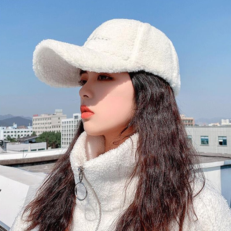 Lamb Wool Baseball Cap Letter Embroidery Women Sun Hat Lady Girls Outdoor Warm Winter Spring Plush Caps