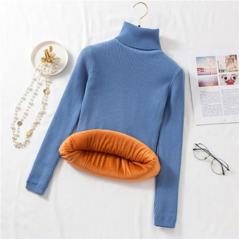 Women Thick Turtleneck Sweater Warm Velvet White Knitted Jumper Casual Pullover Simple Solid Color Female Basic Tops