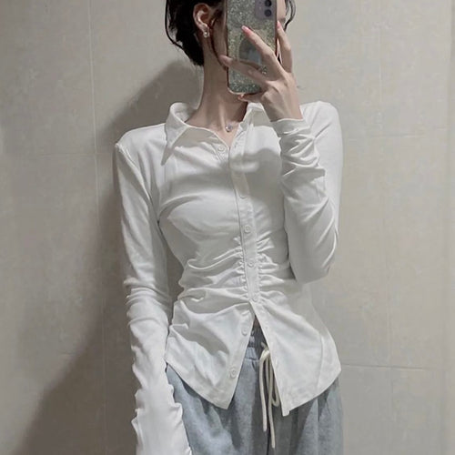 Load image into Gallery viewer, Sexy Shirts Skinny Grey Y2k Long Sleeve Pleated Tops Elegant Chic Korean Fashion Streetwear Office Ladies Blouses
