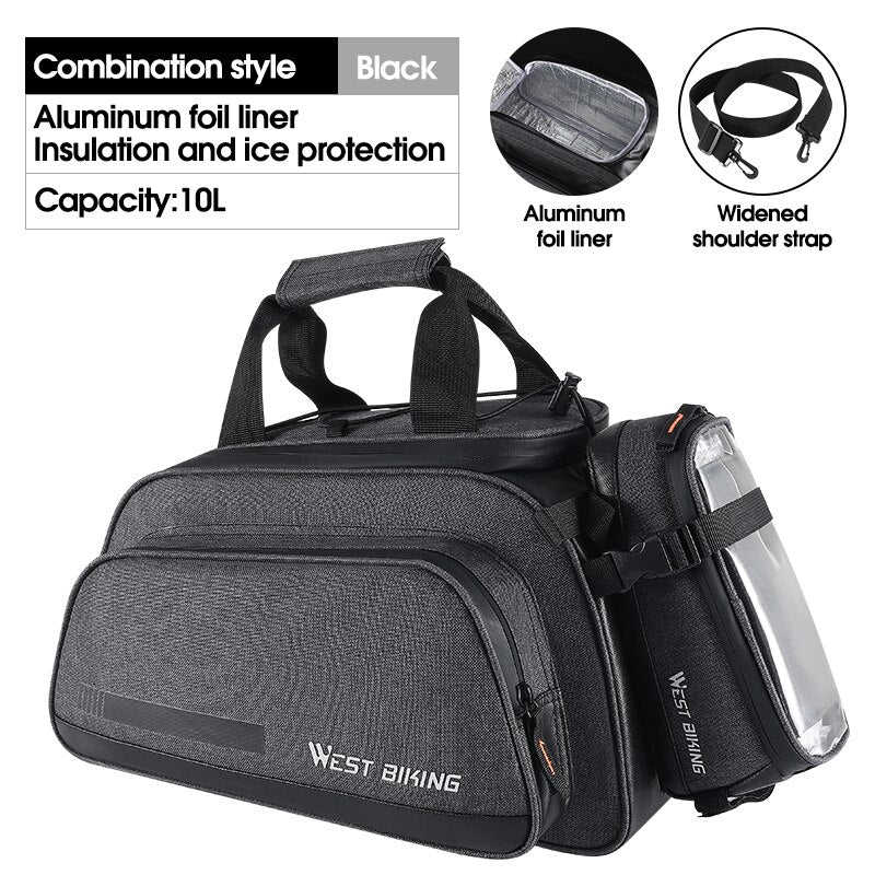 2 in 1 Bicycle Bag 10L Large Capacity Insulated Trunk Bag + 1.5L Touch Screen Phone Bag MTB Bike Cycling Pannier