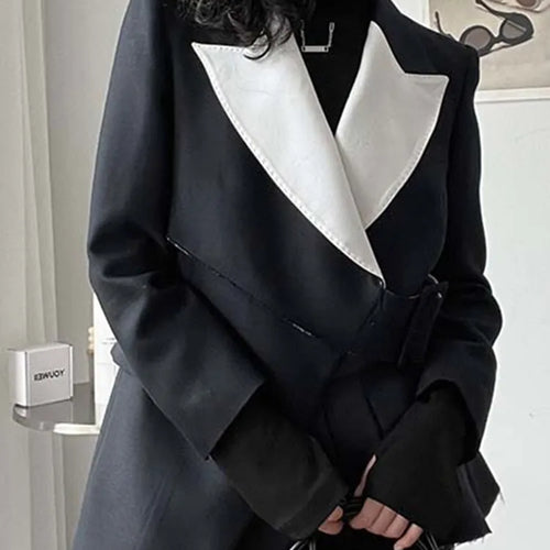 Load image into Gallery viewer, Hit Color Spring Blazers For Women Notched Collar Long Sleeve Splcied Belt Asymmetrica Blazer Female Fashion
