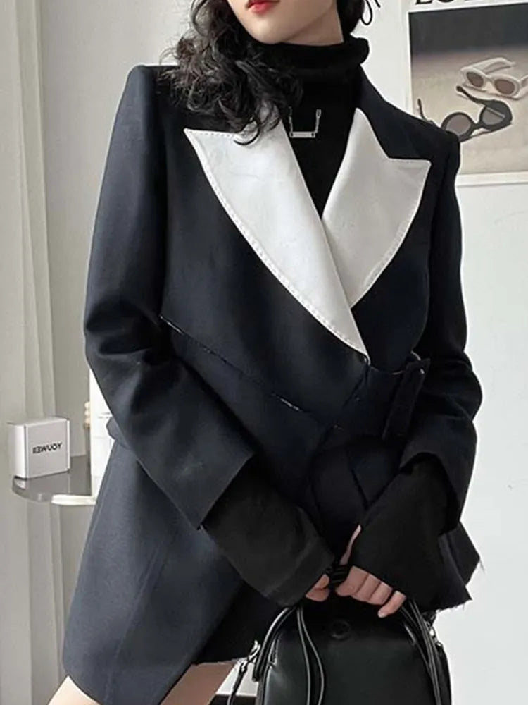 Hit Color Spring Blazers For Women Notched Collar Long Sleeve Splcied Belt Asymmetrica Blazer Female Fashion