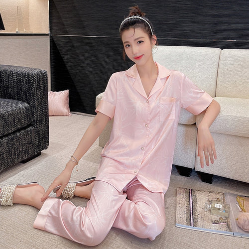 Load image into Gallery viewer, Women&#39;s Pajamas Silk Like Summer Short Sleeve Pants Cardigan Thin Cool Set Comfortable Oversized Printed Homewear
