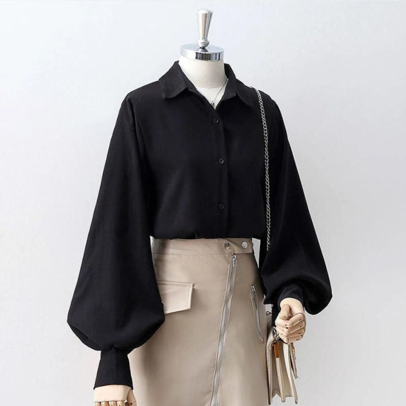 Fashion Lantern Sleeve Shirts Elegant Women Designed Button Up Tops Office Ladies Solid Color All Match Spring White Shirts