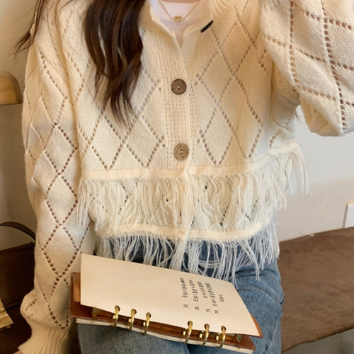Load image into Gallery viewer, Sexy Tassel Women Cardigan Sweater Design Hollow Out Korean Fall Long Sleeve Thin Shorts Coat Button Up Fashion Knit Tops
