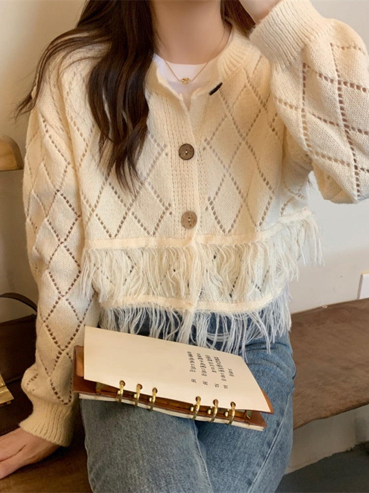 Sexy Tassel Women Cardigan Sweater Design Hollow Out Korean Fall Long Sleeve Thin Shorts Coat Button Up Fashion Knit Tops