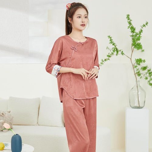 Load image into Gallery viewer, Women Imitation Silk Chinese Style Pajama Spring Summer Long Sleeve Fashion Satin Jacquard Casual Home Clothing Set
