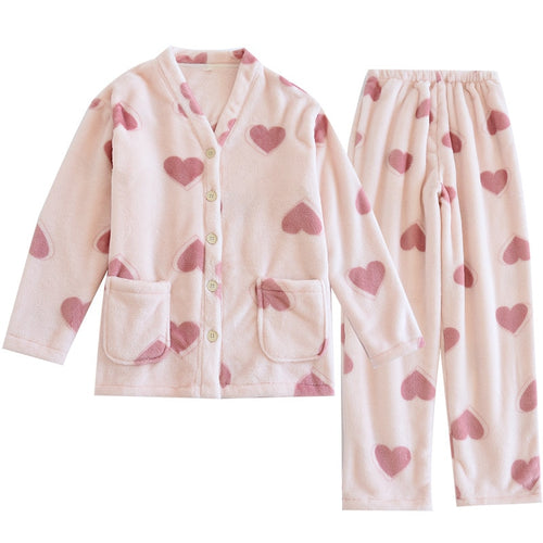 Load image into Gallery viewer, Women&#39;s Pajamas Set Warm Flannel Cute Heart Print Sleepwear Casual Homewear V Neck Nightwear Femme New for Winter
