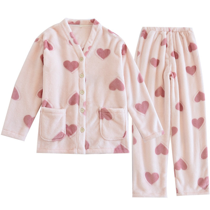 Women's Pajamas Set Warm Flannel Cute Heart Print Sleepwear Casual Homewear V Neck Nightwear Femme New for Winter