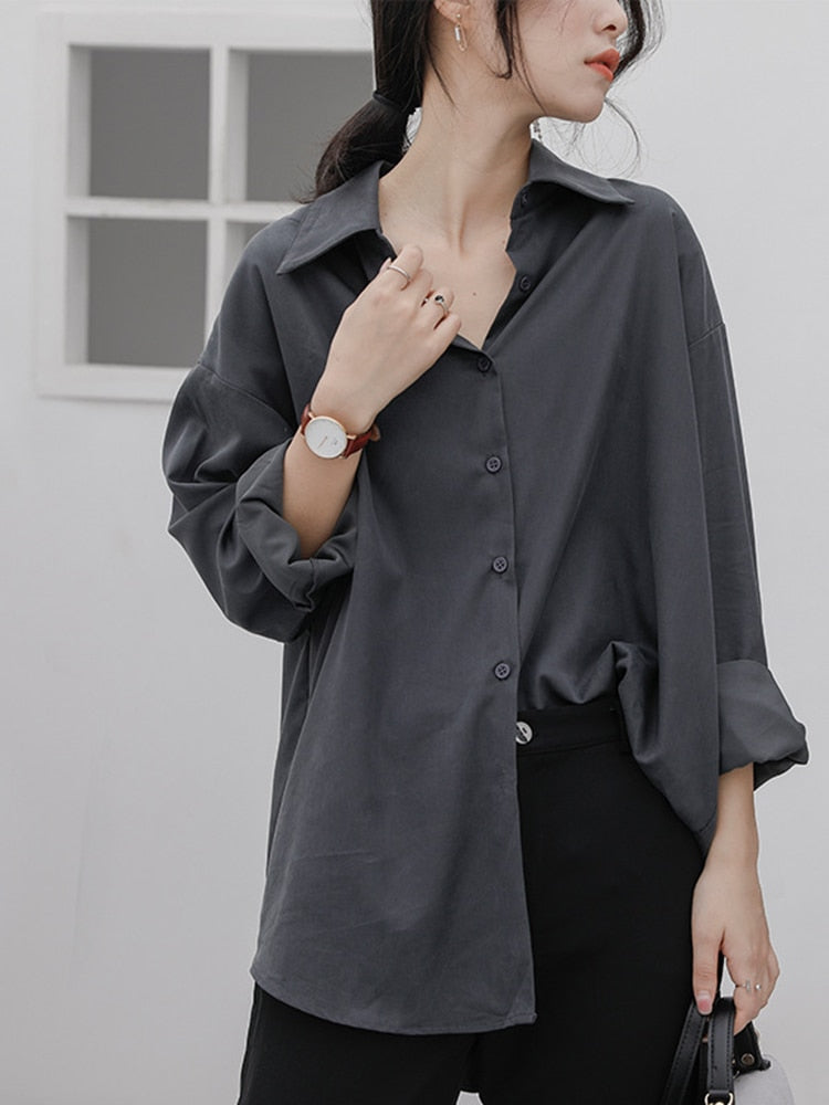Women Shirts Fashion Korean Button Up Long Sleeve Spring Loose Elegant Ladies Blouse Black Solid Fall Tops