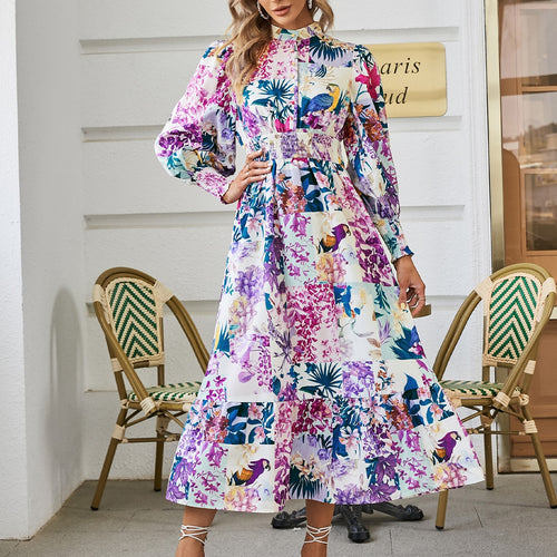 Load image into Gallery viewer, Puff sleeve print women shirt dress Boho elastic waist button patchwork office dresses Holiday floral split maxi vestido
