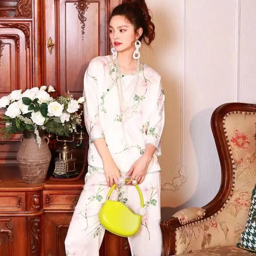 Load image into Gallery viewer, Spring Autumn Women&#39;s Simulated Silk Pajamas Chinese Style Flower Print Home Suit Long Sleeve Pants Two Piece Set
