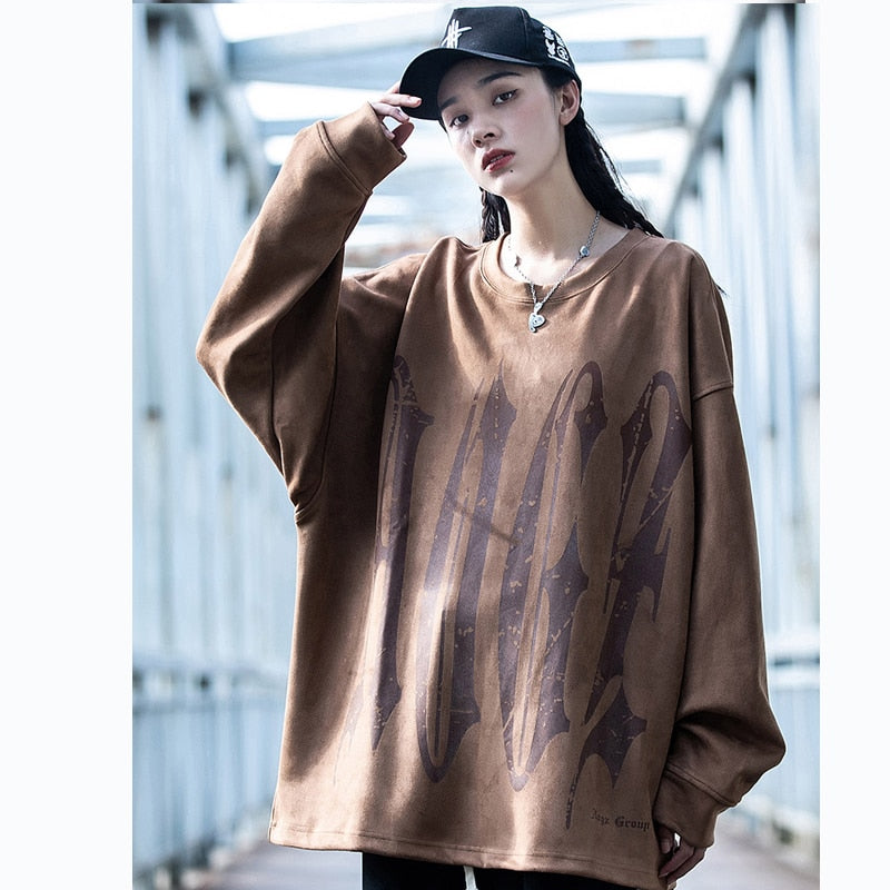 Men Suede Sweatshirts Women Oversized Reflective Letter Pullover Hip Hop Streetwear Harajuku  O-Neck Loose Sweat Shirts Top