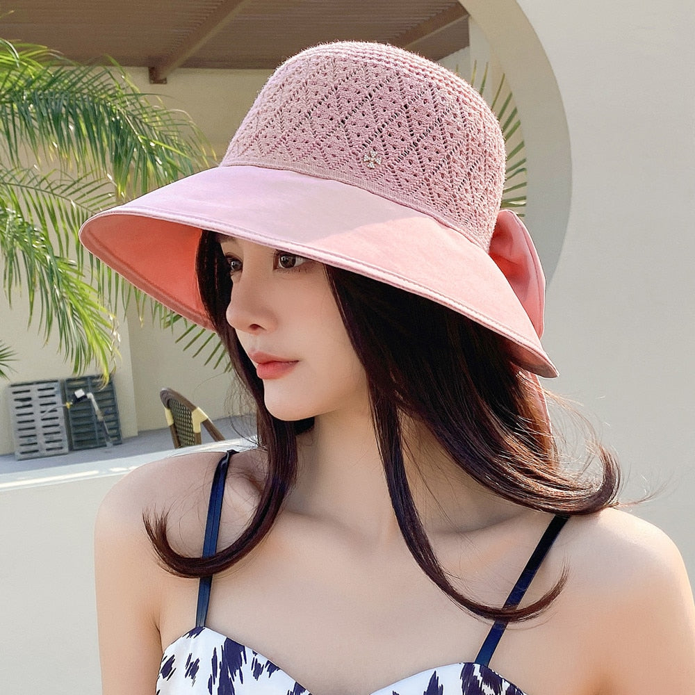 Women Summer Hats Outdoor Fashion Bow Design Hollow Straw Hat Sunshade UV Protection Sun Hat Travel Beach Hat