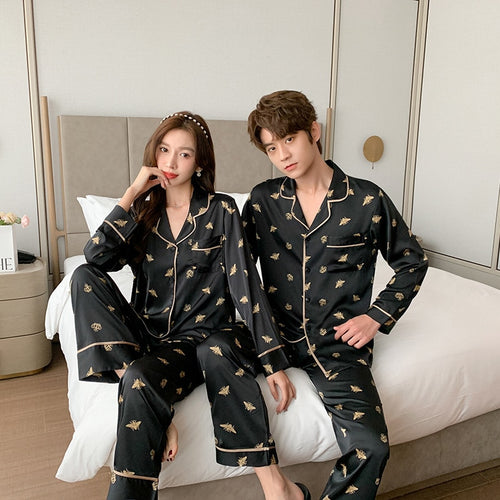 Load image into Gallery viewer, High Quality Women&#39;s Pajamas Set Fashion Bee Print Couple Sleepwear Silk Like Casual Homewear V Neck Men&#39;s Nightwear
