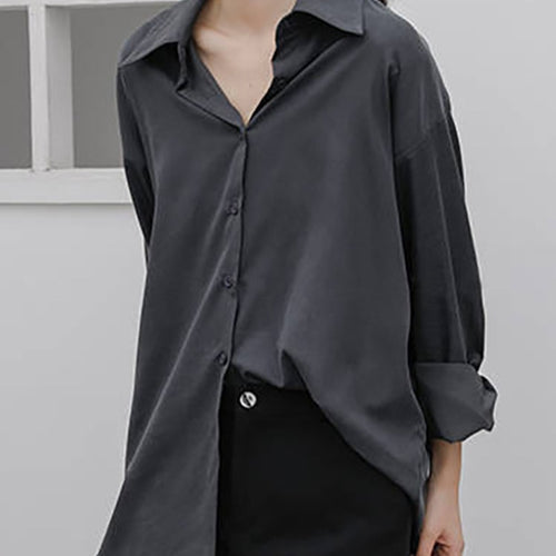 Load image into Gallery viewer, Women Shirts Fashion Korean Button Up Long Sleeve Spring Loose Elegant Ladies Blouse Black Solid Fall Tops
