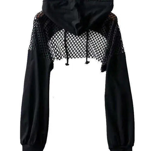 Load image into Gallery viewer, Black Hoodies Women Sexy Hollow Out Long Sleeve Crop Tops Mesh Patchwork Short Sweatshirt Hooded Streetwear Fall Tops
