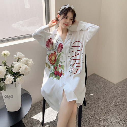 Load image into Gallery viewer, Women&#39;s Summer Pajamas Medium Length Skirt Nightwear Sweet Girl Cartoon Cardigan Homewear Lapel Loose Cool Sleepwear
