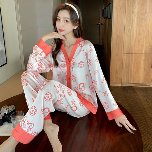 Load image into Gallery viewer, Women&#39;s Pajamas Set Fashion Plaid Stripes Print Sleepwear Silk Like Long Homewear Nightwear Femme Petite
