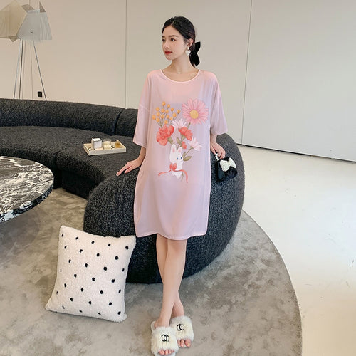 Load image into Gallery viewer, Women&#39;s Pajama Skirt Summer Thin Short Sleeve Medium Length Silk Like Nightwear Cartoon Nightdress Loose Home Clothing
