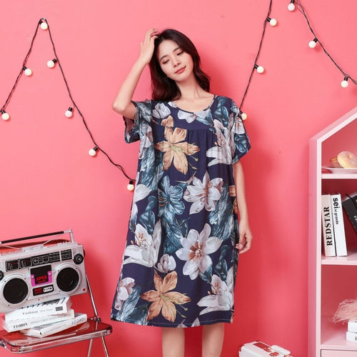 Load image into Gallery viewer, Cotton Silk Sleeping Dress Women&#39;s Summer Loose Short Sleeve Long Skirt Flower Printed Pajamas Casual Home Clothing
